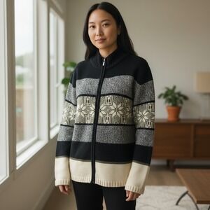 Deane‎ & White Lambswool Nordic Full Zip Cardigan Sweater Women's Medium